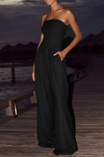 Black Casual Solid Color Pocket Patchwork Backless Strapless Loose Jumpsuits