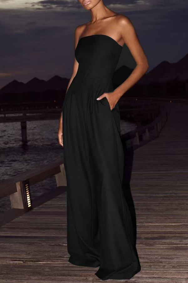 Black Casual Solid Color Pocket Patchwork Backless Strapless Loose Jumpsuits