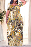Khaki Casual Leaves feather Pocket Contrast O Neck Printed Plus Size Dresses