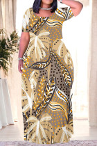 Khaki Casual Leaves feather Pocket Contrast O Neck Printed Plus Size Dresses