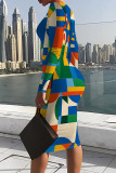 Red Blue Casual Print Patchwork O Neck Wrapped Skirt Dresses