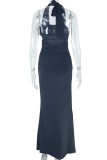 Black Sexy Solid Color Flowers Hollow Out Lace Up Backless Halter Long Dresses