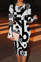 White Black Casual Print Patchwork O Neck Wrapped Skirt Dresses