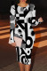 White Black Casual Print Patchwork O Neck Wrapped Skirt Dresses