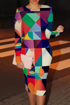 Orange Red Casual Print Patchwork O Neck Wrapped Skirt Dresses