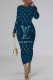 Tibetan Blue Elegant Butterfly Letter Print Contrast O Neck Printed Dresses