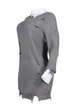 Grey Casual Ripped Patchwork Shirt Collar Long Dresses