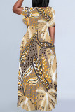Khaki Casual Leaves feather Pocket Contrast O Neck Printed Plus Size Dresses