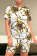 White Brown Casual Figure Print Letters Chain Contrast O Neck Short Sleeve Two Pieces