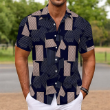 Dark Green Casual Geometric Print Buttons Contrast Turndown Collar Tops