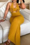 Black Sexy Solid Color Flowers Hollow Out Lace Up Backless Halter Long Dresses