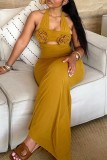Black Sexy Solid Color Flowers Hollow Out Lace Up Backless Halter Long Dresses