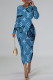 Blue Elegant Butterfly Letter Print Contrast O Neck Printed Dresses