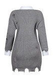 Grey Casual Ripped Patchwork Shirt Collar Long Dresses