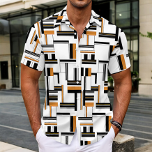White Casual Geometric Print Buttons Contrast Turndown Collar Tops