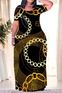 Black Gold Casual Geometric Print Chain print Pocket Contrast O Neck Printed Plus Size Dresses
