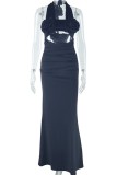 Black Sexy Solid Color Flowers Hollow Out Lace Up Backless Halter Long Dresses