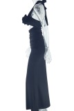 Black Sexy Solid Color Flowers Hollow Out Lace Up Backless Halter Long Dresses