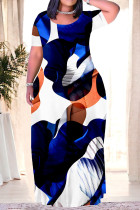 White Casual Geometric Print Chain print Pocket Contrast O Neck Printed Plus Size Dresses