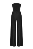 Navy Blue Casual Solid Color Pocket Patchwork Backless Strapless Loose Jumpsuits