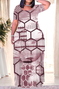 Pink Casual Geometric Print Chain print Pocket Contrast O Neck Printed Plus Size Dresses