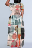 Khaki Casual Leaves feather Pocket Contrast O Neck Printed Plus Size Dresses