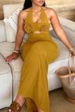 Black Sexy Solid Color Flowers Hollow Out Lace Up Backless Halter Long Dresses