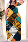 Khaki Casual Leaves feather Pocket Contrast O Neck Printed Plus Size Dresses