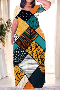 Multicolor Casual Leaves feather Pocket Contrast O Neck Printed Plus Size Dresses
