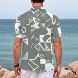 Dark Green Casual Geometric Print Buttons Contrast Turndown Collar Tops