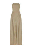 Navy Blue Casual Solid Color Pocket Patchwork Backless Strapless Loose Jumpsuits