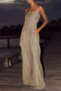 Khaki Casual Solid Color Pocket Patchwork Backless Strapless Loose Jumpsuits