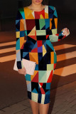 Red Blue Casual Print Patchwork O Neck Wrapped Skirt Dresses