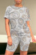 Grey Casual Figure Print Letters Chain Contrast O Neck Short Sleeve Two Pieces