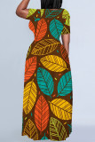Khaki Casual Leaves feather Pocket Contrast O Neck Printed Plus Size Dresses