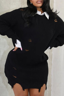 Black Casual Ripped Patchwork Shirt Collar Long Dresses