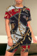 Black Red Casual Figure Print Letters Chain Contrast O Neck Short Sleeve Two Pieces