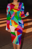 Red Blue Casual Print Patchwork O Neck Wrapped Skirt Dresses