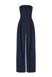 Navy Blue Casual Solid Color Pocket Patchwork Backless Strapless Loose Jumpsuits