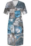 Deep Blue Casual Faux Denim Print Distressed Pocket Contrast V Neck Printed Plus Size Dresses