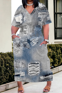 Light Blue Casual Faux Denim Print Distressed Pocket Contrast V Neck Printed Plus Size Dresses