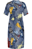 Deep Blue Casual Faux Denim Print Distressed Pocket Contrast V Neck Printed Plus Size Dresses