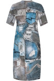 Deep Blue Casual Faux Denim Print Distressed Pocket Contrast V Neck Printed Plus Size Dresses