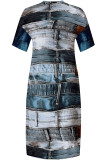 Deep Blue Casual Faux Denim Print Distressed Pocket Contrast V Neck Printed Plus Size Dresses