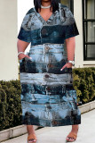 Deep Blue Casual Faux Denim Print Distressed Pocket Contrast V Neck Printed Plus Size Dresses