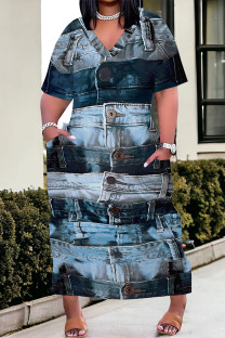 Blue Casual Faux Denim Print Distressed Pocket Contrast V Neck Printed Plus Size Dresses