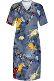 Deep Blue Casual Faux Denim Print Distressed Pocket Contrast V Neck Printed Plus Size Dresses