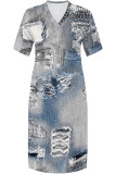 Deep Blue Casual Faux Denim Print Distressed Pocket Contrast V Neck Printed Plus Size Dresses