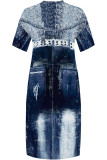 Deep Blue Casual Faux Denim Print Distressed Pocket Contrast V Neck Printed Plus Size Dresses