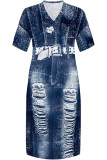 Deep Blue Casual Faux Denim Print Distressed Pocket Contrast V Neck Printed Plus Size Dresses